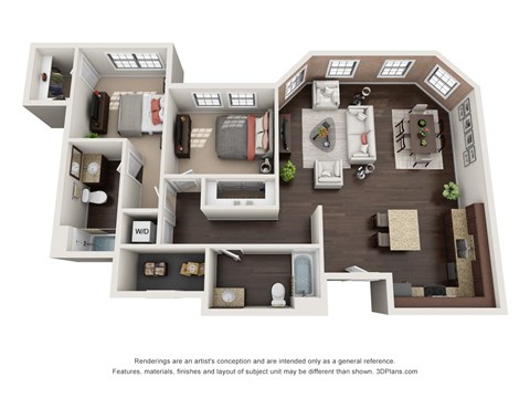 Floor plan for 2 beds, 2 baths, 1224 sqft